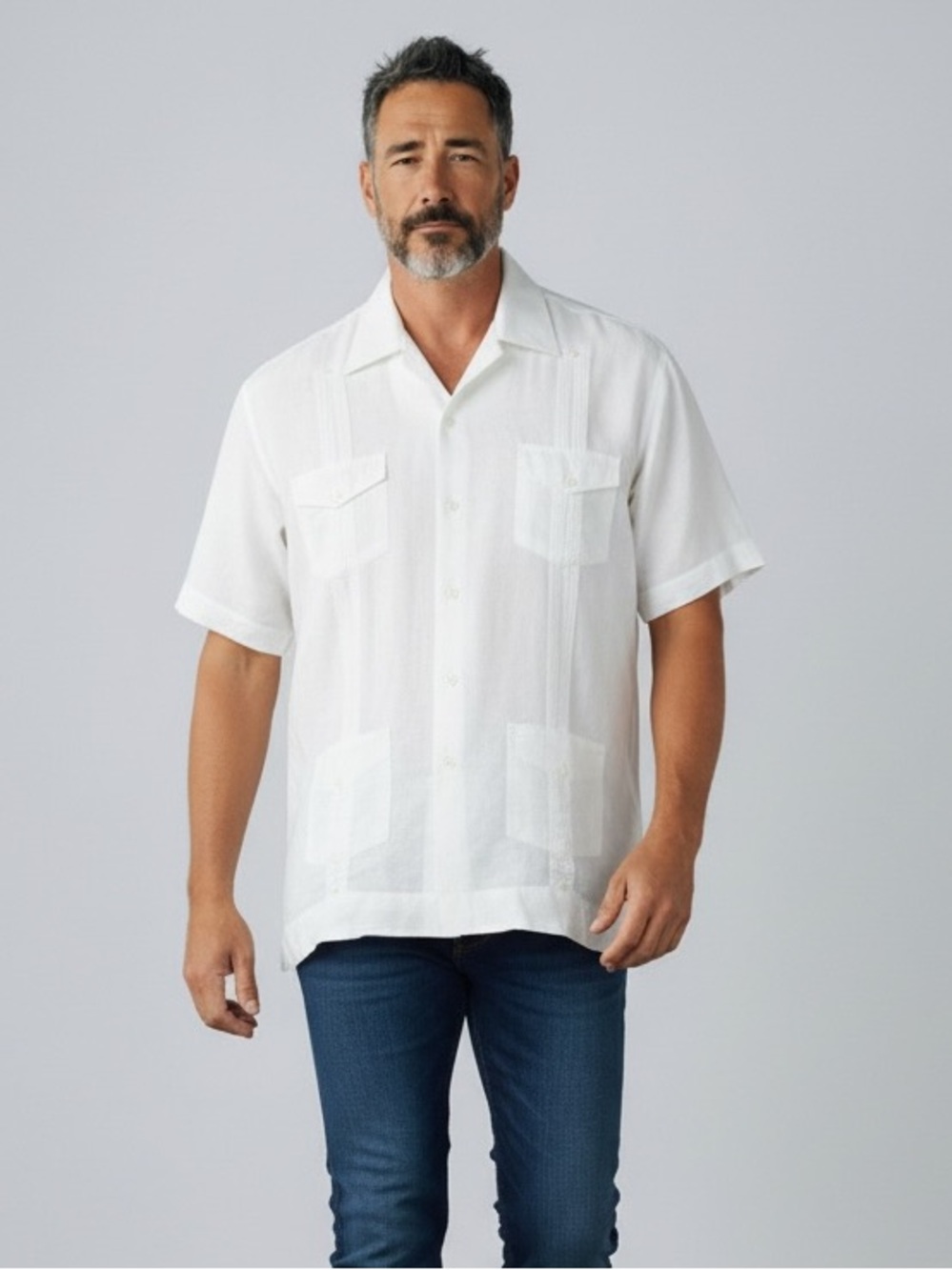 GIovanni Uomo Men's White Short-Sleeve Cuban Shirt. Casual Button-Up, linen